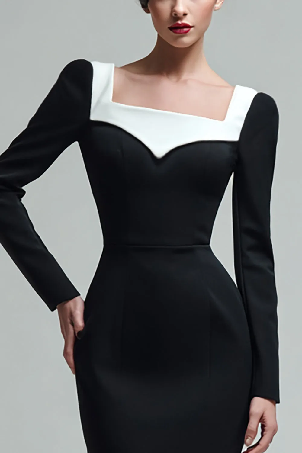 Black Sheath Square Neck Long Sleeves Midi Work Dress sold by Zapaka product image thumbnail 3