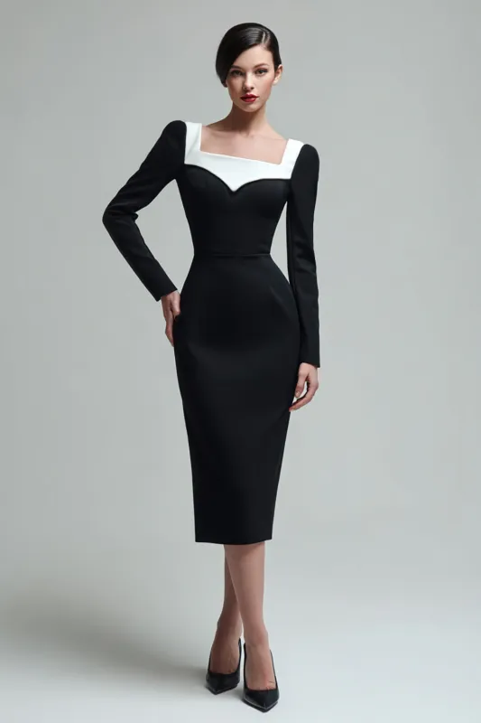 Black Sheath Square Neck Long Sleeves Midi Work Dress made by Zapaka