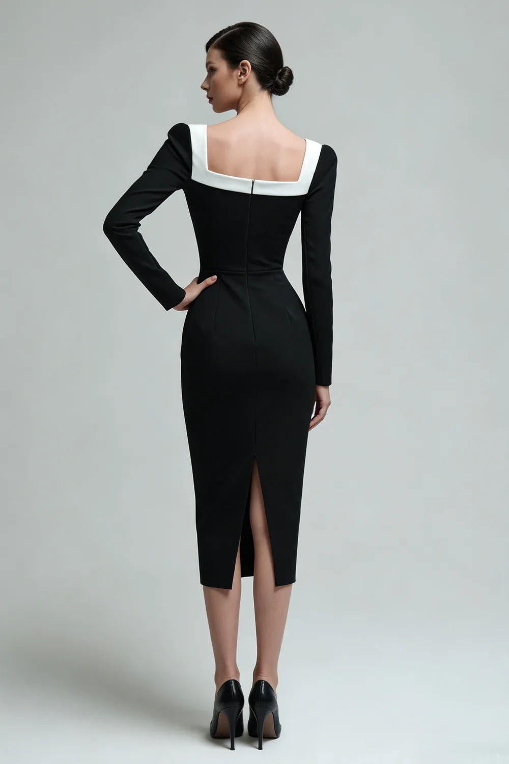 Black Sheath Square Neck Long Sleeves Midi Work Dress sold by Zapaka product image thumbnail 2