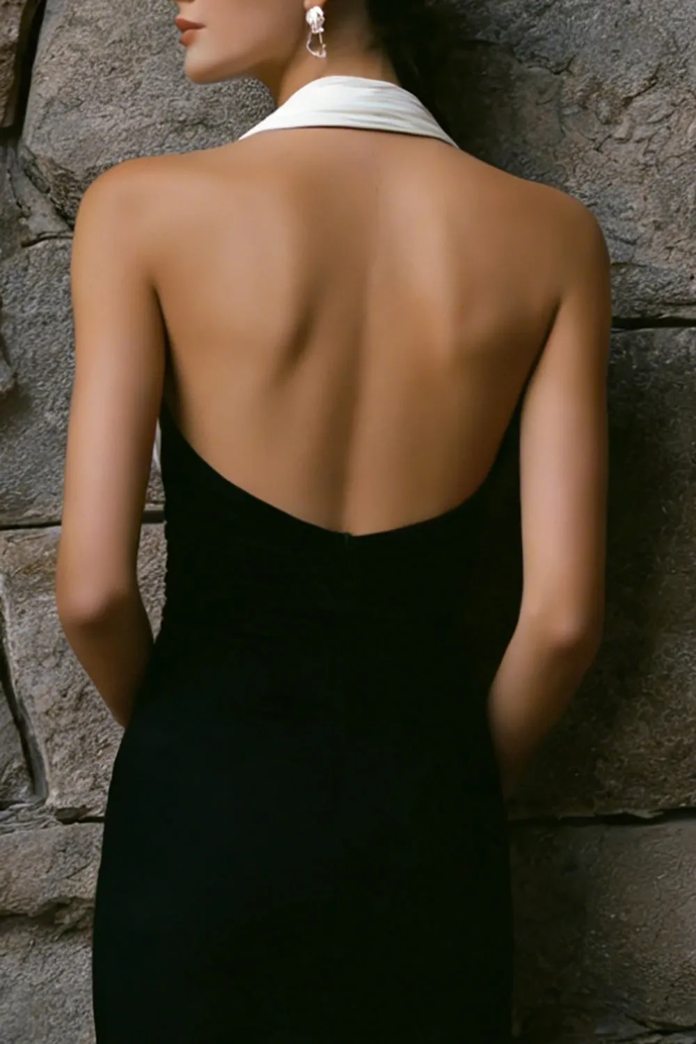 Black and White Halter Ruched Sheath Engagement Dress sold by Zapaka product image thumbnail 4