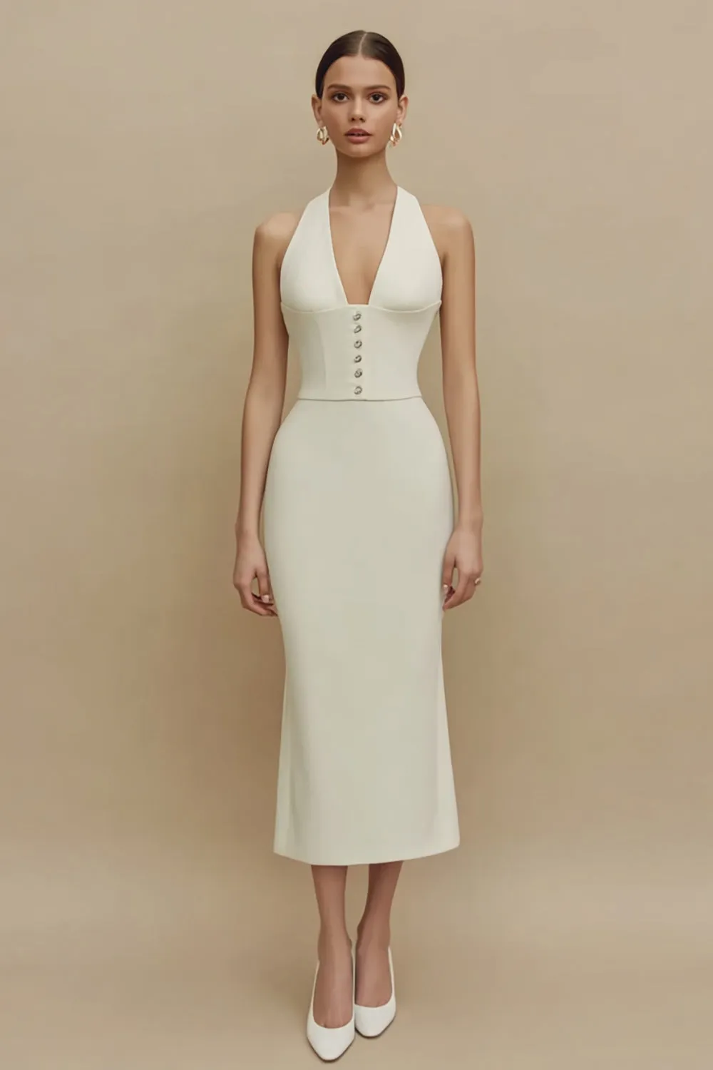 Halter Ivory Sheath Satin Midi Engagement Dress sold by Zapaka