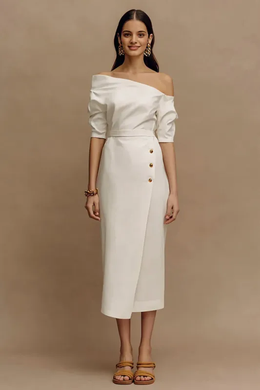 Off the Shoulder Ivory Sheath Satin Midi Engagement Dress sold by Zapaka