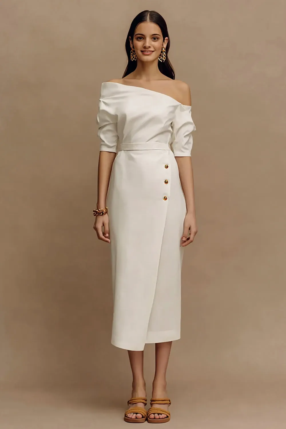 Off the Shoulder Ivory Sheath Satin Midi Engagement Dress sold by Zapaka