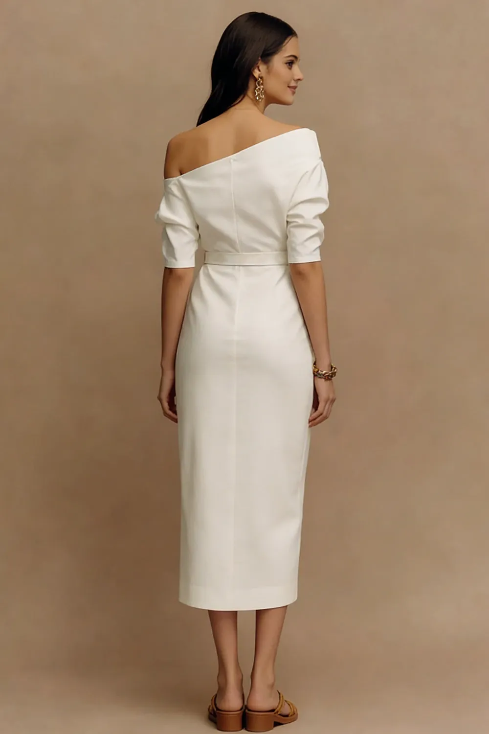 Off the Shoulder Ivory Sheath Satin Midi Engagement Dress sold by Zapaka product image thumbnail 2