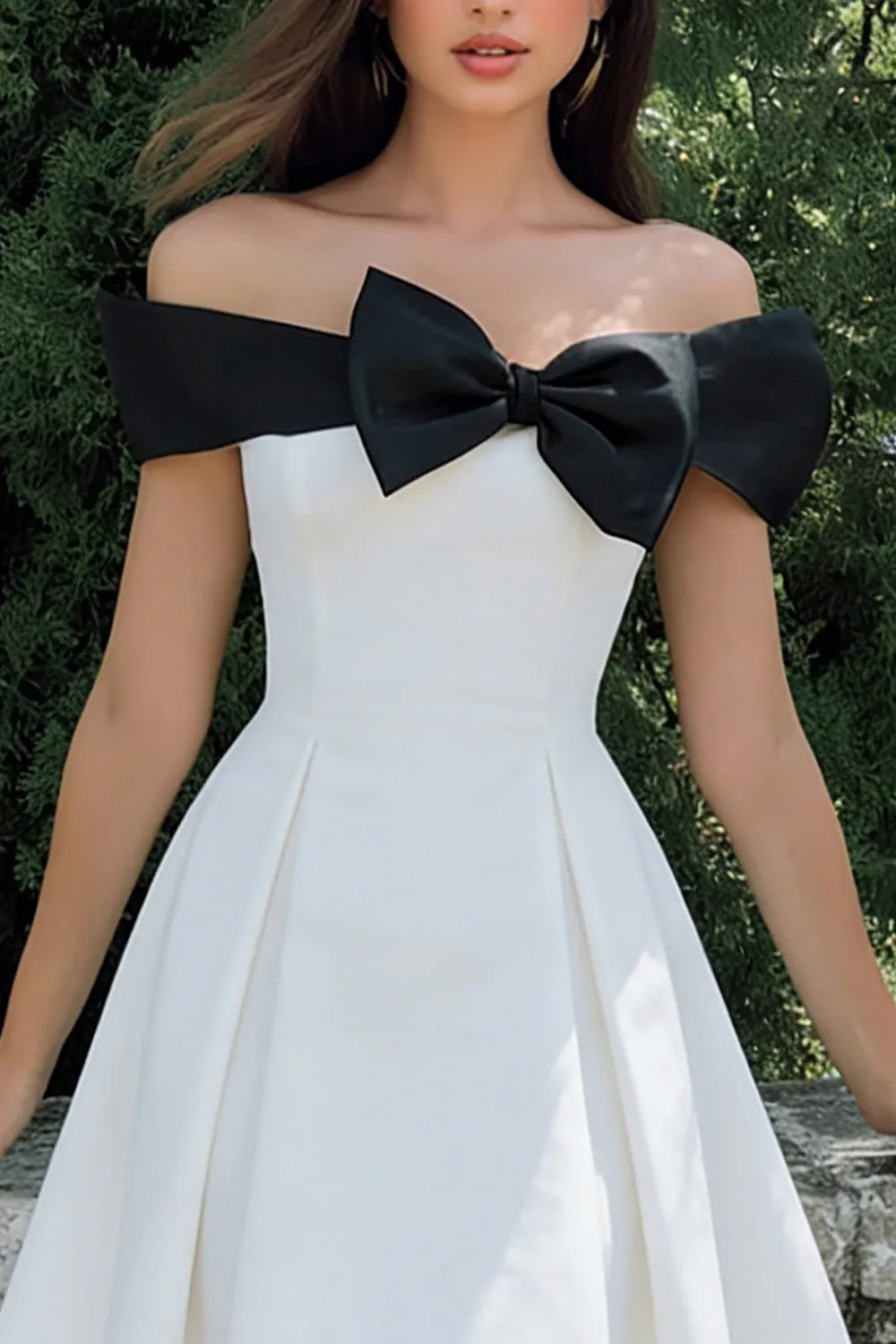 White A-Line Off The Shoulder Midi Engagement Dress with Bow sold by Zapaka product image thumbnail 3