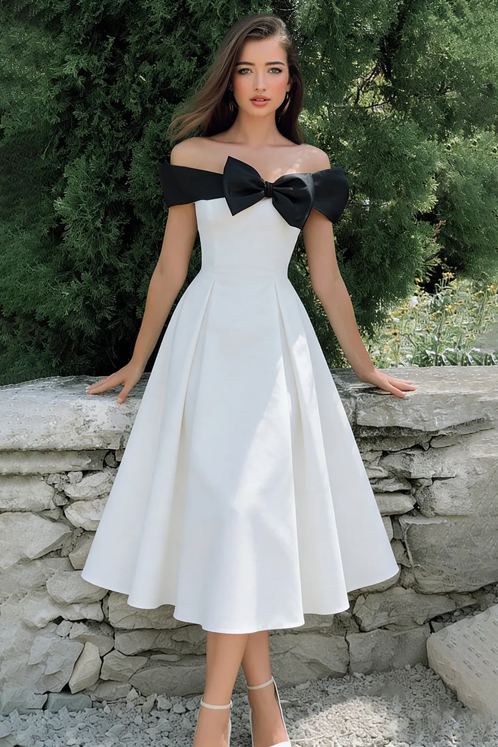 White A-Line Off The Shoulder Midi Engagement Dress with Bow sold by Zapaka