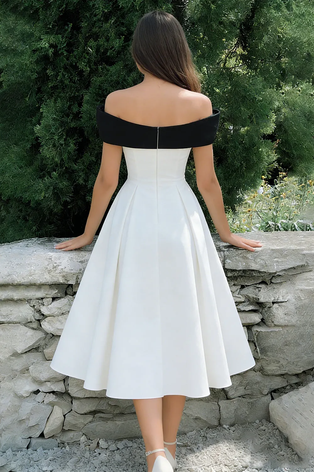 White A-Line Off The Shoulder Midi Engagement Dress with Bow sold by Zapaka product image thumbnail 2