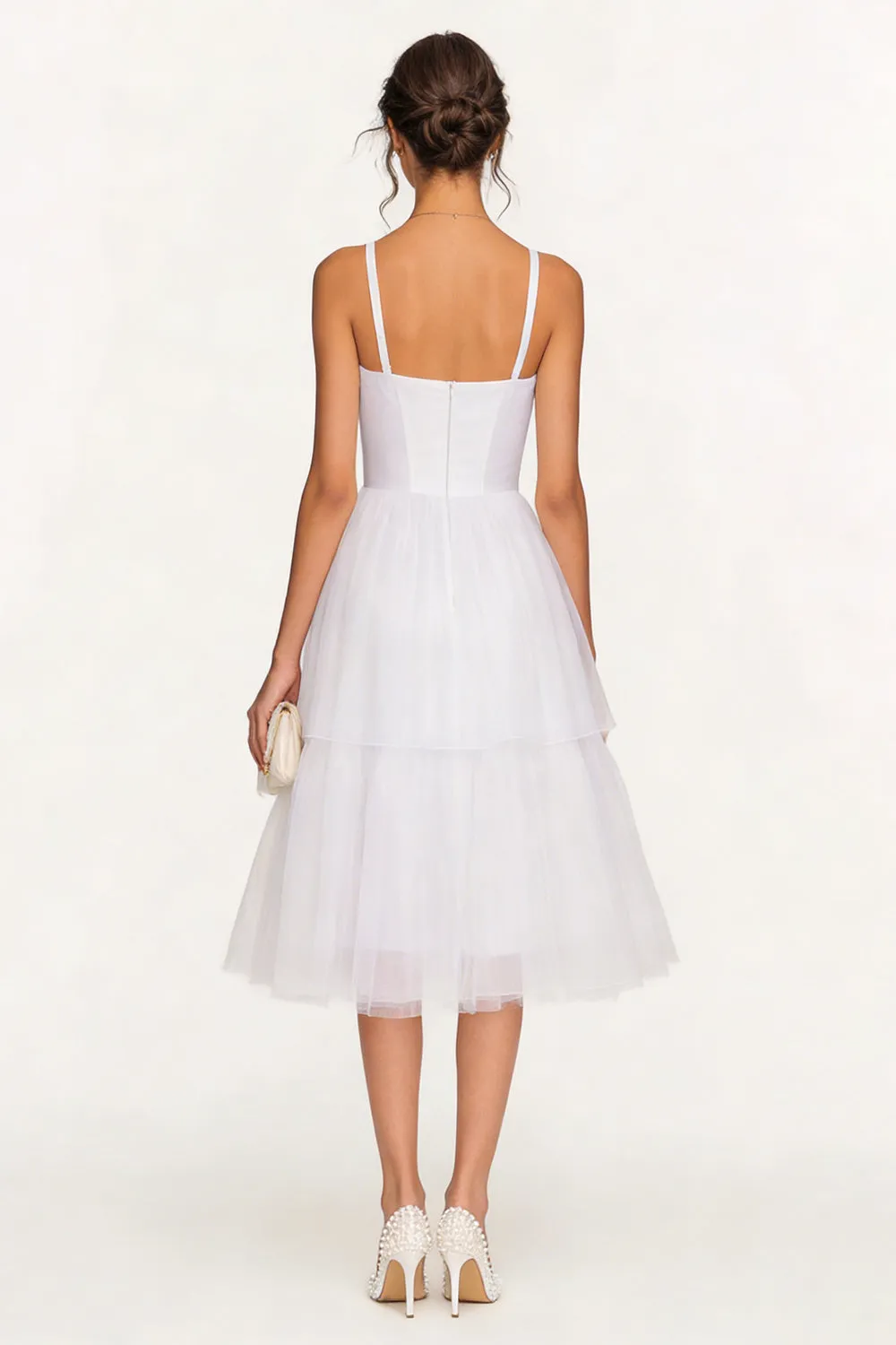White Spaghetti Straps A line Tiered Knee Length Engagement Dress sold by Zapaka product image thumbnail 2