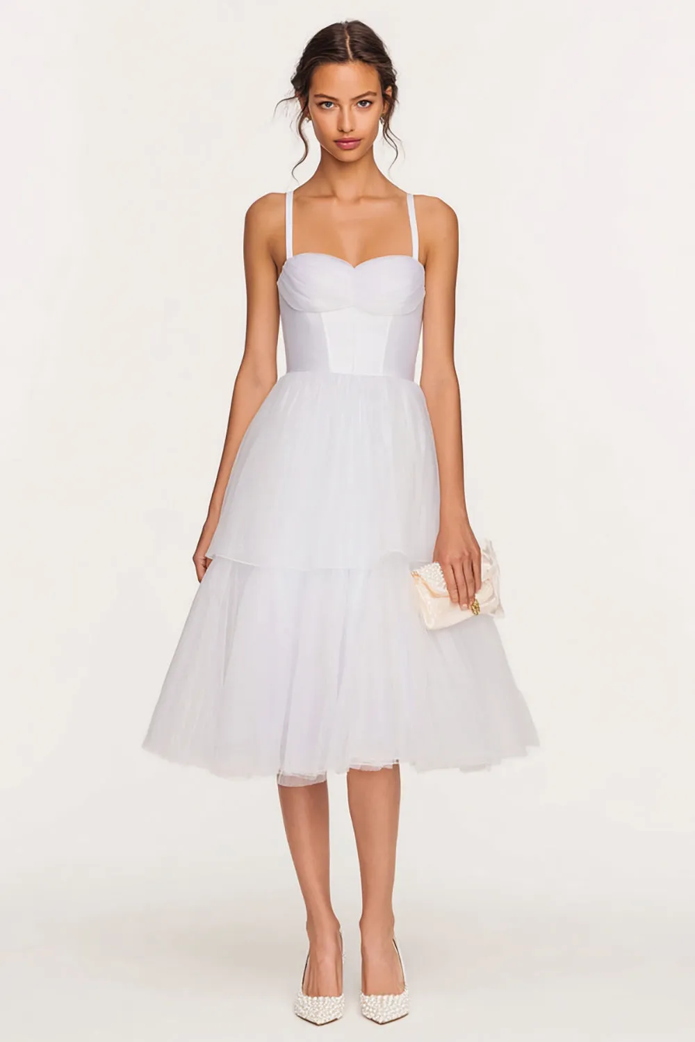 White Spaghetti Straps A line Tiered Knee Length Engagement Dress sold by Zapaka