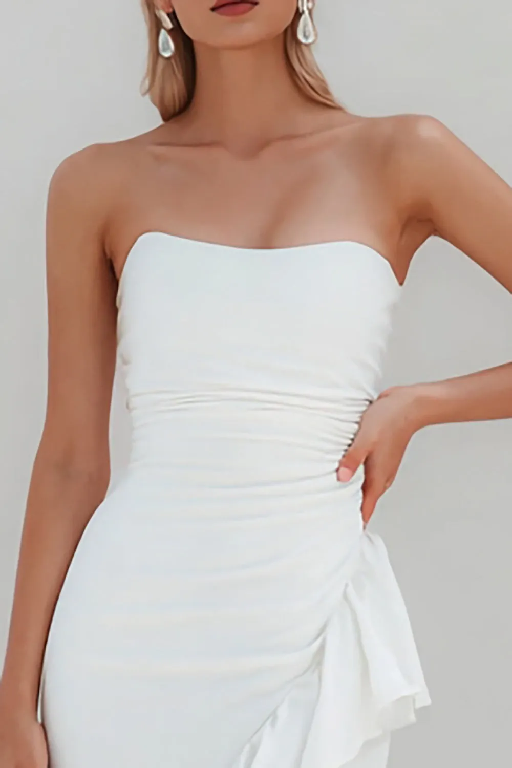 White Strapless Bodycon Midi Ruffled Bachelorette Dress with Slit sold by Zapaka product image thumbnail 3