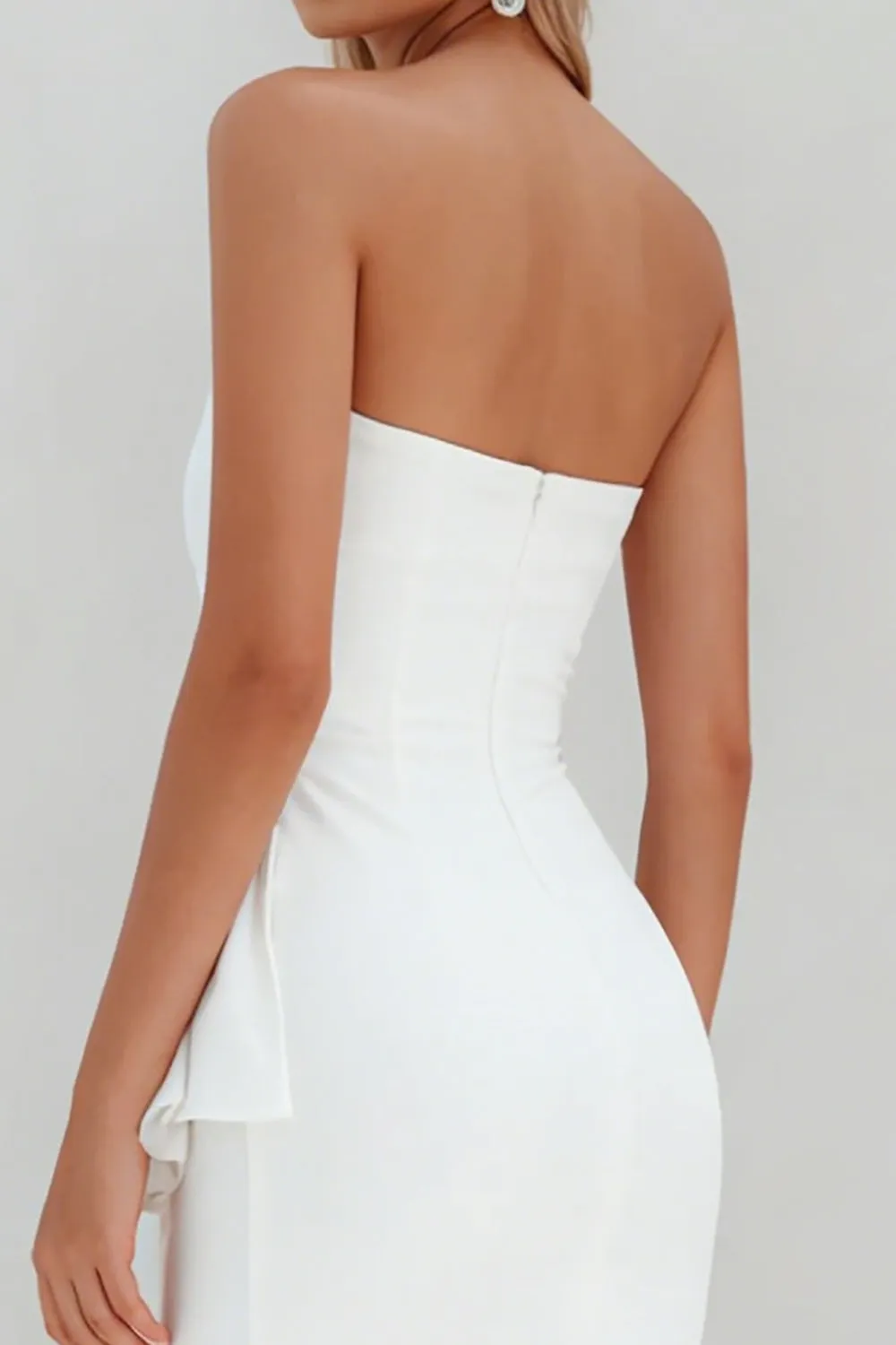 White Strapless Bodycon Midi Ruffled Bachelorette Dress with Slit sold by Zapaka product image thumbnail 4