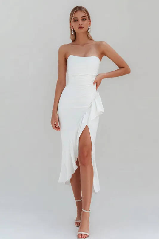 White Strapless Bodycon Midi Ruffled Bachelorette Dress with Slit sold by Zapaka