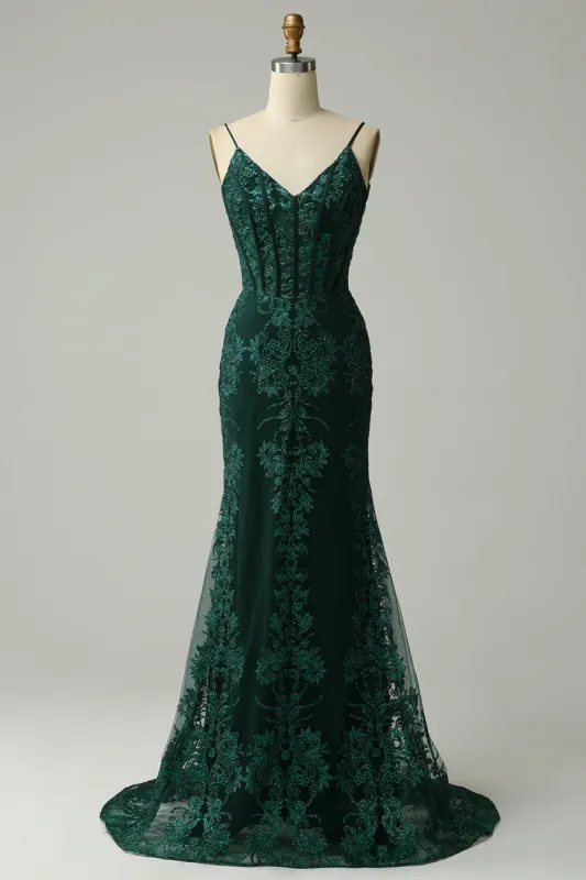 Mermaid Spaghetti Straps Peacock Green Prom Dress with Appliques sold by Zapaka