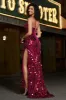 Spaghetti Straps Hot Pink Sparkly Mermaid Sequins Long Prom Dress with Slit sold by Zapaka