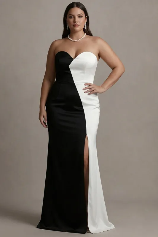 Sweetheart Sheath Black and White Plus Size Long Evening Dress with Slit sold by Zapaka