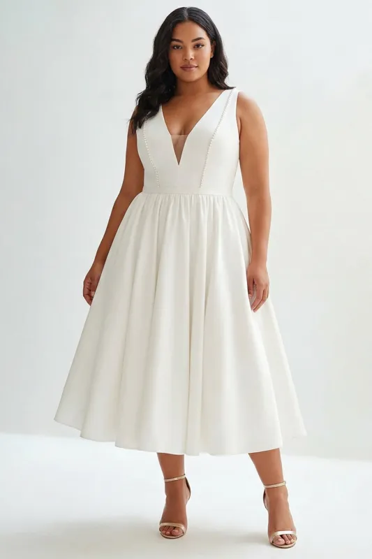 Simple White A Line Satin V-Neck Midi Plus Size Graduation Dress sold by Zapaka