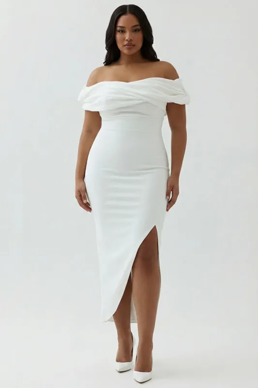 White Off The Shoulder Sheath Satin Asymmetrical Plus Size Graduation Dress sold by Zapaka