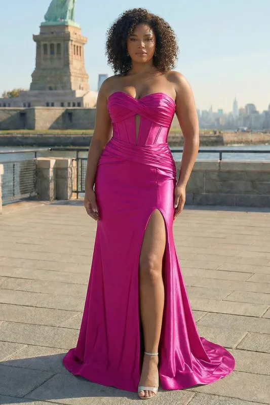 Fuchsia Strapless Satin Mermaid Corset Long PLus Size Prom Dress with Slit sold by Zapaka