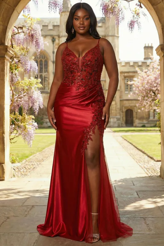 Burgundy Satin Mermaid Appliqued Plus Size Long Prom Dress with Slit sold by Zapaka