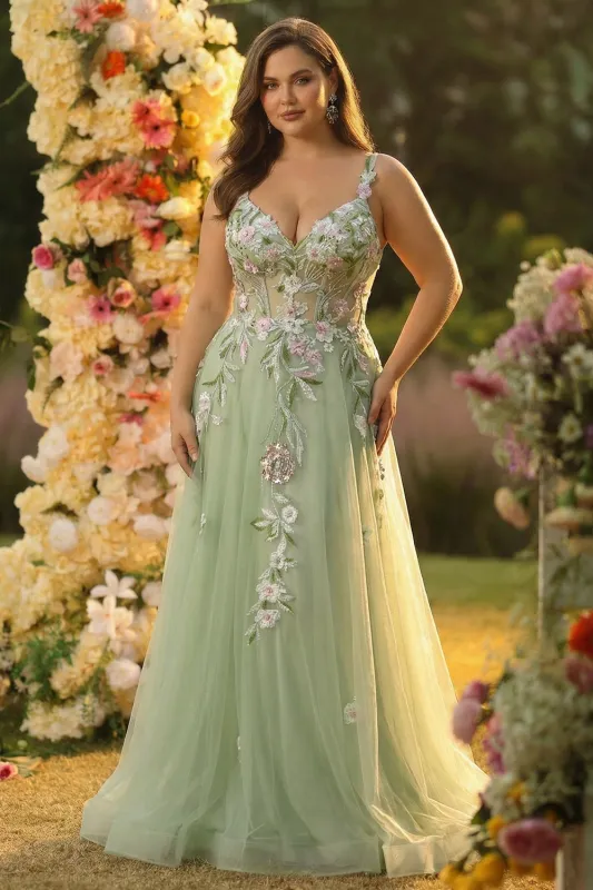 Green A line Appliqued Plus Size Tulle Long Corset Prom Dress with Slit sold by Zapaka