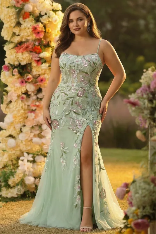 Green Mermaid Corset Embroidered Long Plus Size Prom Dress with Slit sold by Zapaka