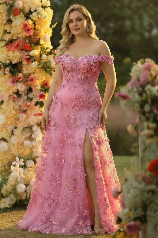 Off The Shoulder Corset A-Line Plus Size Long Taro Prom Dress with Slit sold by Zapaka