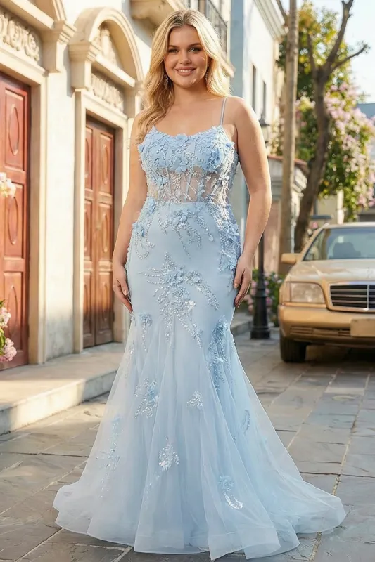 Blue Mermaid Corset Tulle Long Plus Size Prom Dress with 3D Flowers sold by Zapaka