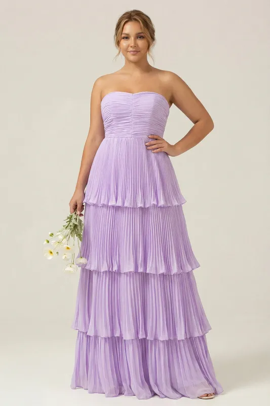 Strapless A-Line Lilac Pleated Chiffon Plus Size Long Bridesmaid Dress with Ruffles sold by Zapaka