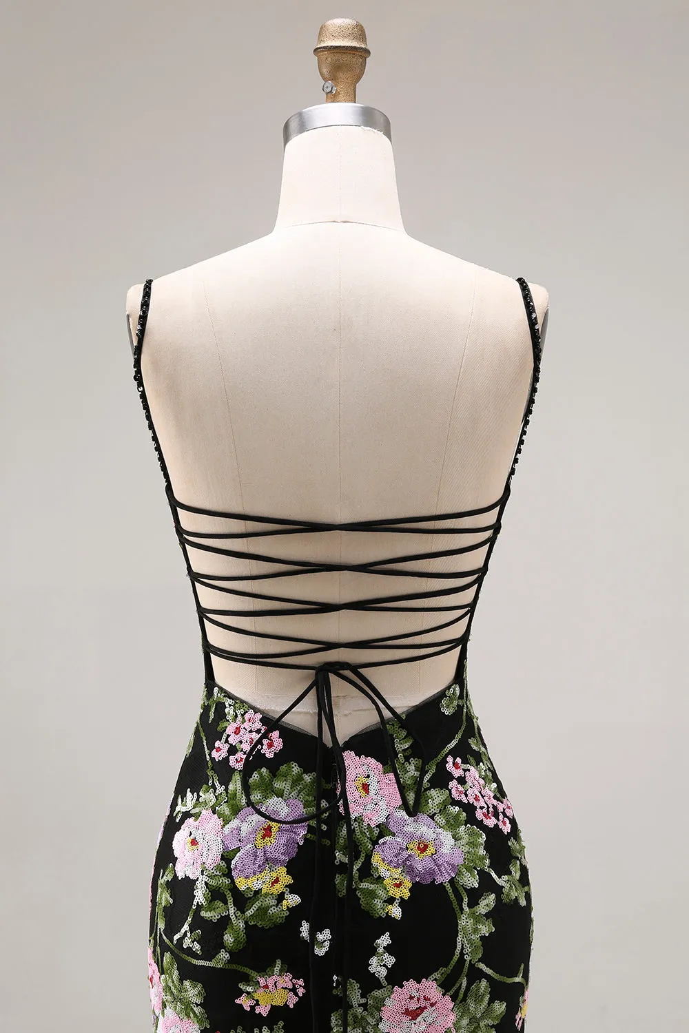 Black Pink Flower Mermaid Ruffled Sequin Long Prom Dress with Lace Up Back sold by Zapaka product image thumbnail 5