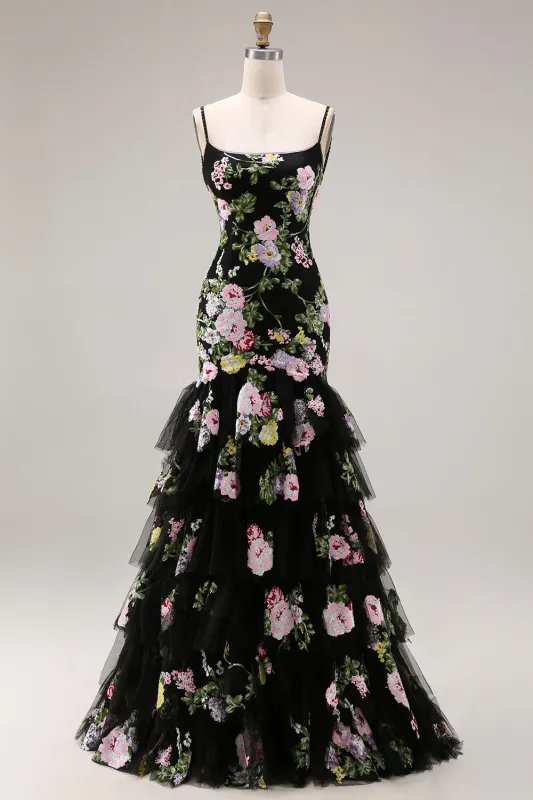 Black Pink Flower Mermaid Ruffled Sequin Long Prom Dress with Lace Up Back sold by Zapaka