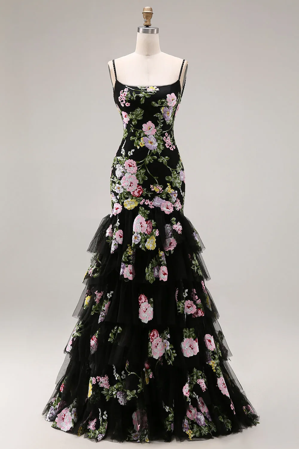 Black Pink Flower Mermaid Ruffled Sequin Long Prom Dress with Lace Up Back sold by Zapaka