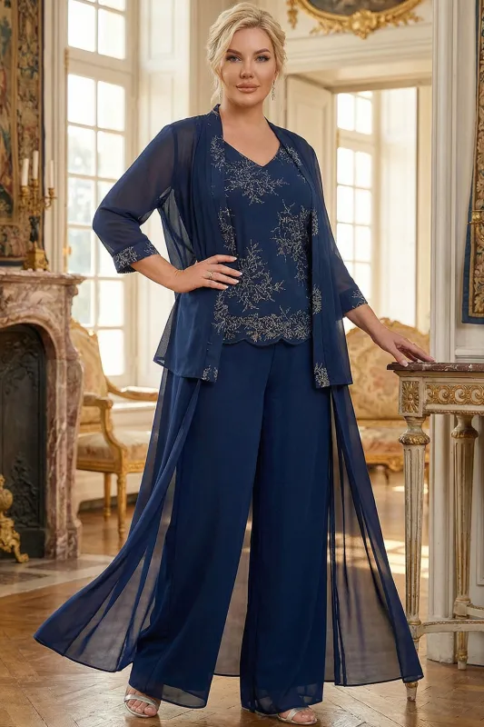 Navy 3 Piece Embroidered Mother of the Bride Pant Suits sold by Zapaka