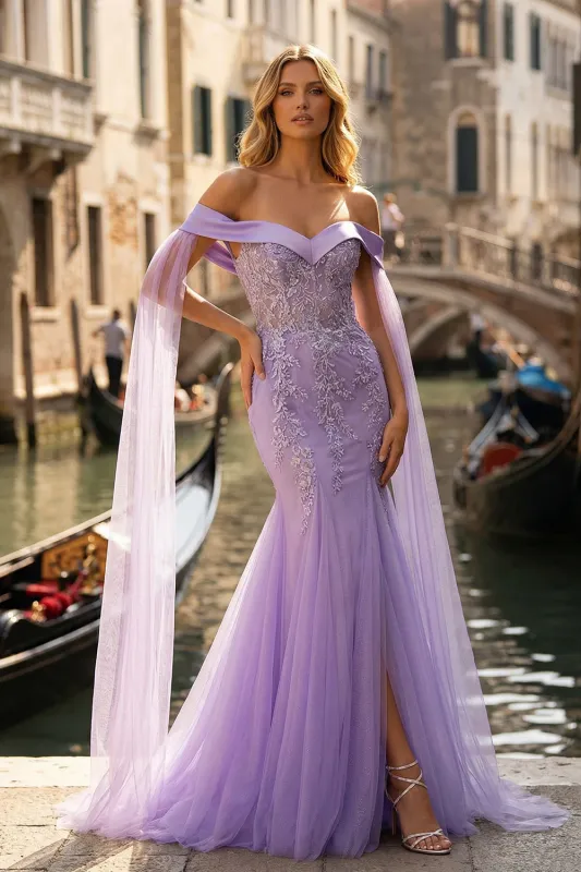 Off The Shoulder Lilac Mermaid Embroidered Long Prom Dress with Slit sold by Zapaka