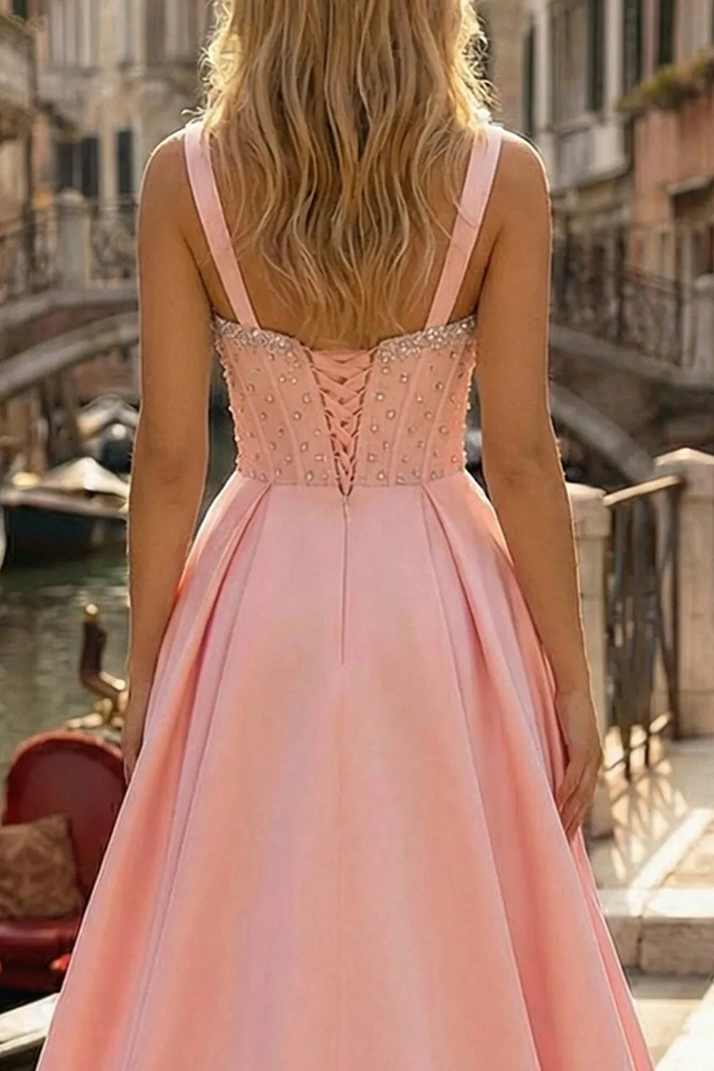 Pink Corset A-Line Beaded Long Satin Prom Dress with Slit sold by Zapaka product image thumbnail 4
