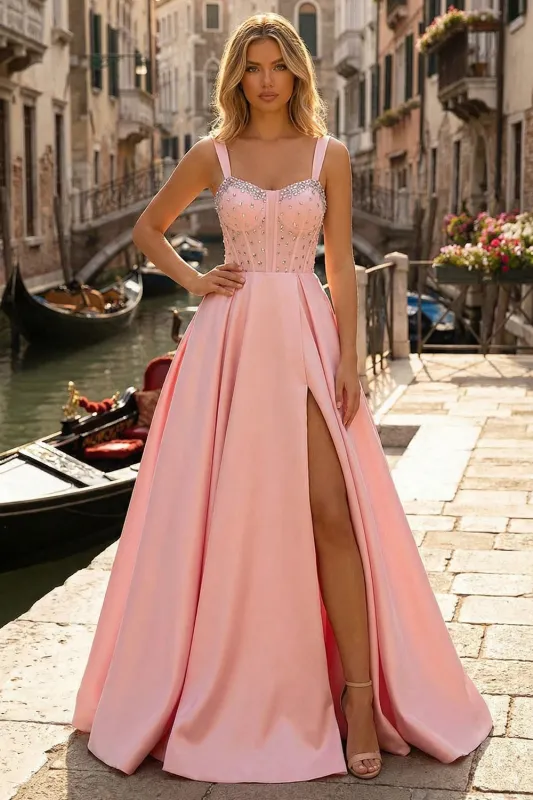 Pink Corset A-Line Beaded Long Satin Prom Dress with Slit sold by Zapaka