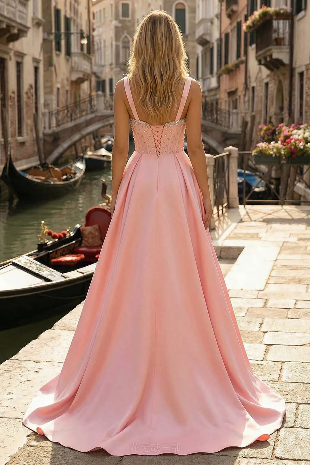 Pink Corset A-Line Beaded Long Satin Prom Dress with Slit sold by Zapaka product image thumbnail 2