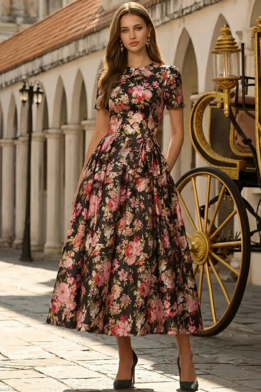 Black Pink Flower A-Line Short Sleeves Midi Satin Dress with Pockets sold by Zapaka