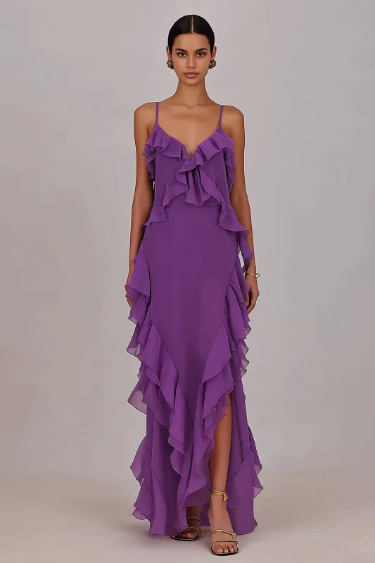 Sheath Ruffled Chiffon Long Plum Dress with Slit sold by Zapaka