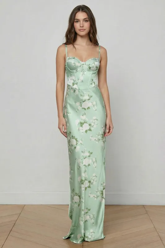 Sage Green Sheath Printed Long Floral Dress with Lace Up Back sold by Zapaka