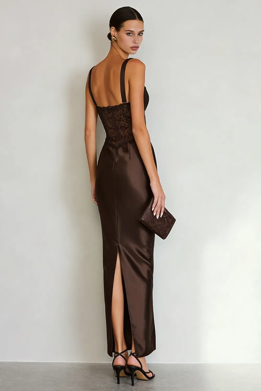 Simple Coffee Satin Sheath Maxi Dress with Slit sold by Zapaka product image thumbnail 2