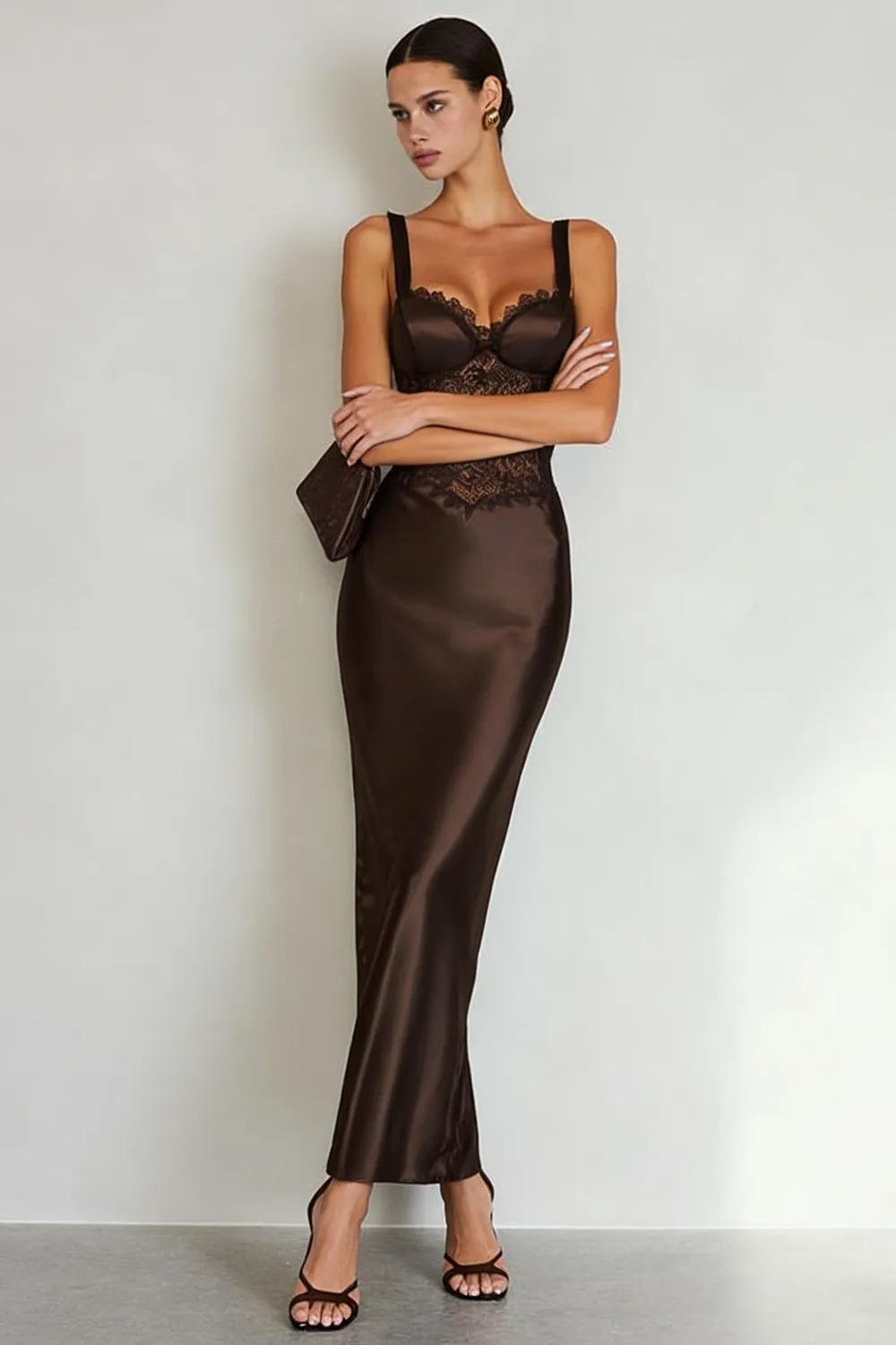 Simple Coffee Satin Sheath Maxi Dress with Slit sold by Zapaka product image thumbnail 3