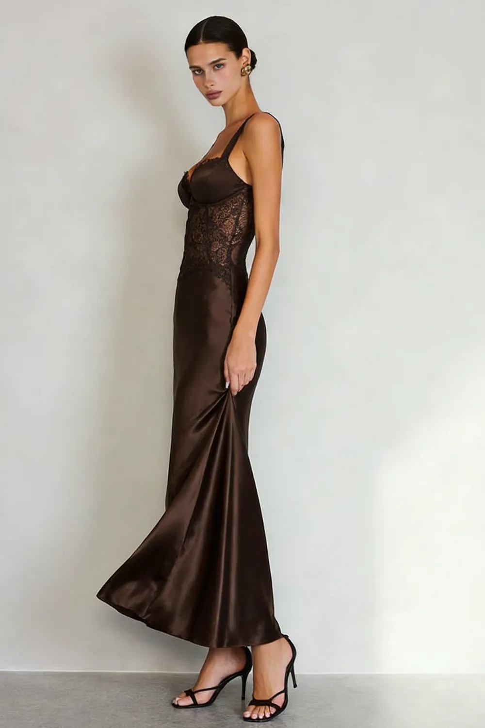 Simple Coffee Satin Sheath Maxi Dress with Slit sold by Zapaka product image thumbnail 4