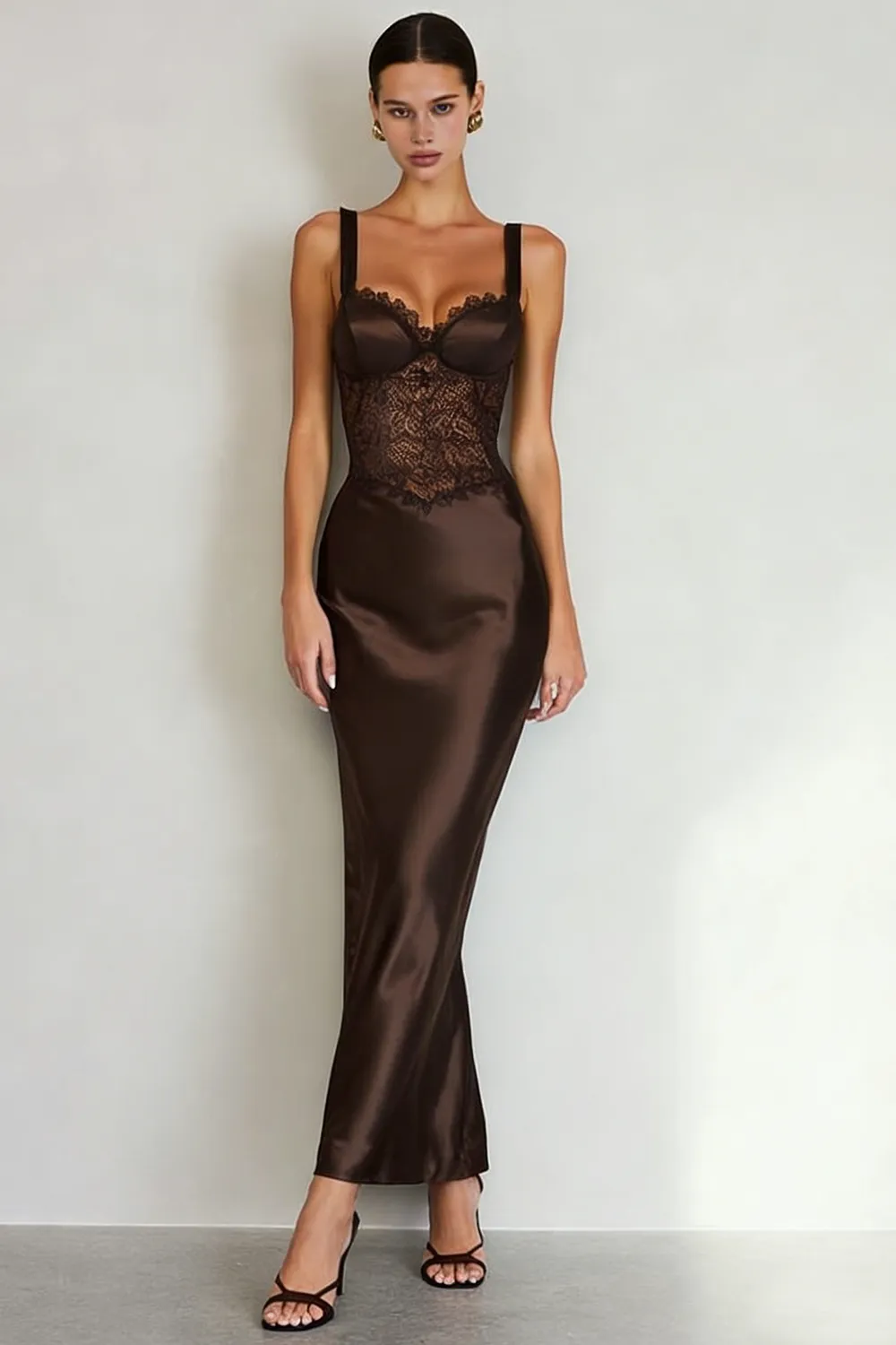 Simple Coffee Satin Sheath Maxi Dress with Slit sold by Zapaka