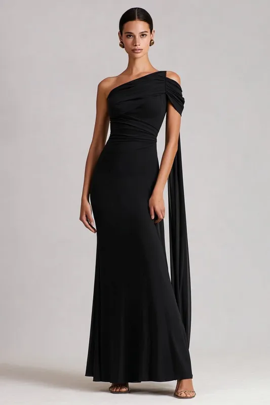 One Shoulder Black Mermaid Long Satin Dress with Streamer sold by Zapaka
