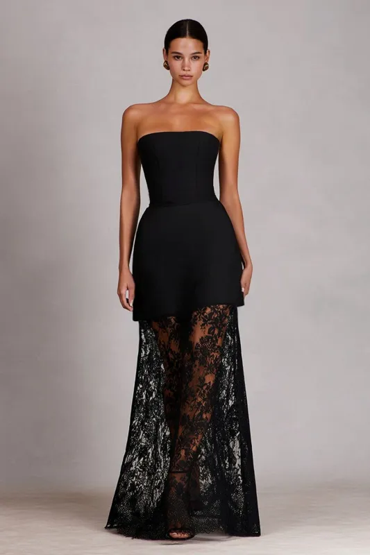 Black A-Line Strapless Long Satin Dress with Lace sold by Zapaka