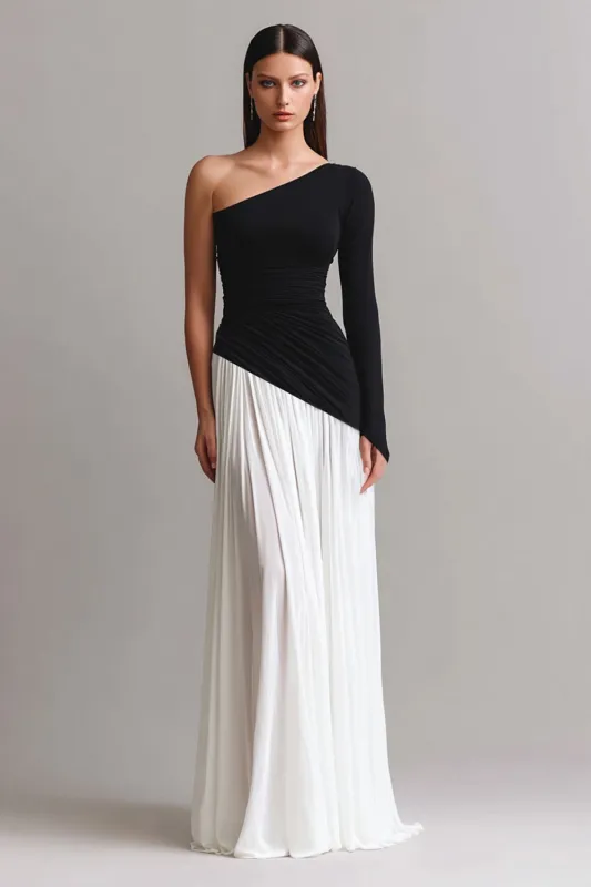 One Shoulder Sheath Maxi Black and White Dress sold by Zapaka