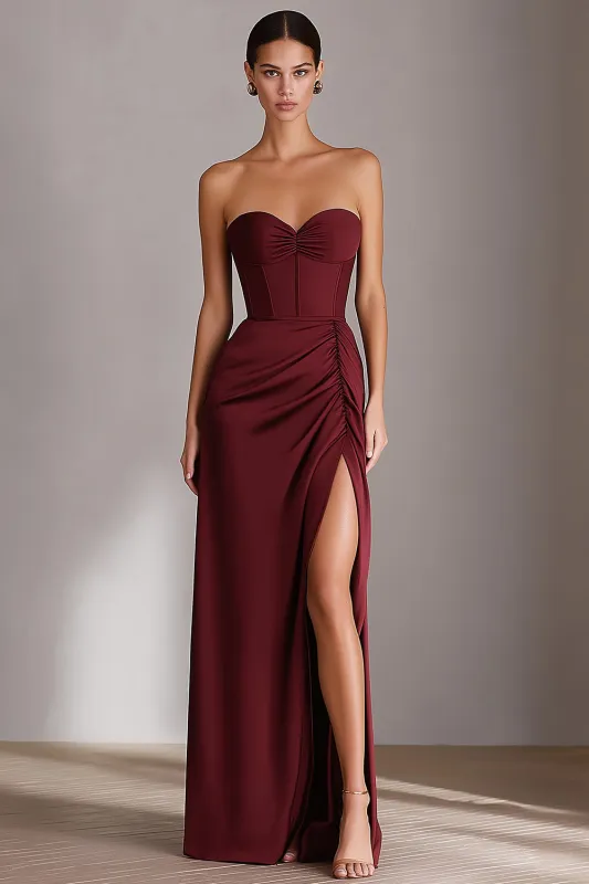 Burgundy Sweetheart Sheath Long Satin Dress with Slit sold by Zapaka