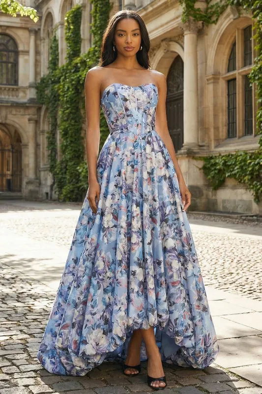Strapless A-Line Blue Floral Corset Long Satin Dress sold by Zapaka