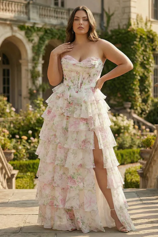 Pink Floral Sweetheart Corset A-Line Tiered Plus Size Long Prom Dress with Slit sold by Zapaka