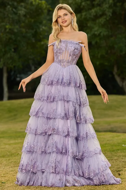 Lilac A Line Strapless Sequin Corset Tiered Ruffle Long Prom Dress with Slit sold by Zapaka